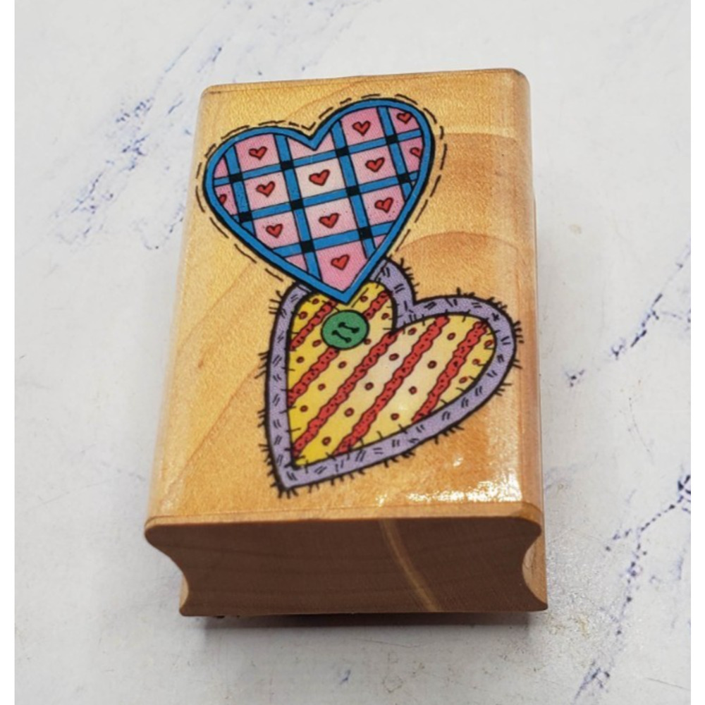 Hero Arts Quilted Two Patterned Hearts Rustic Love Wood Mounted Rubber Stamp